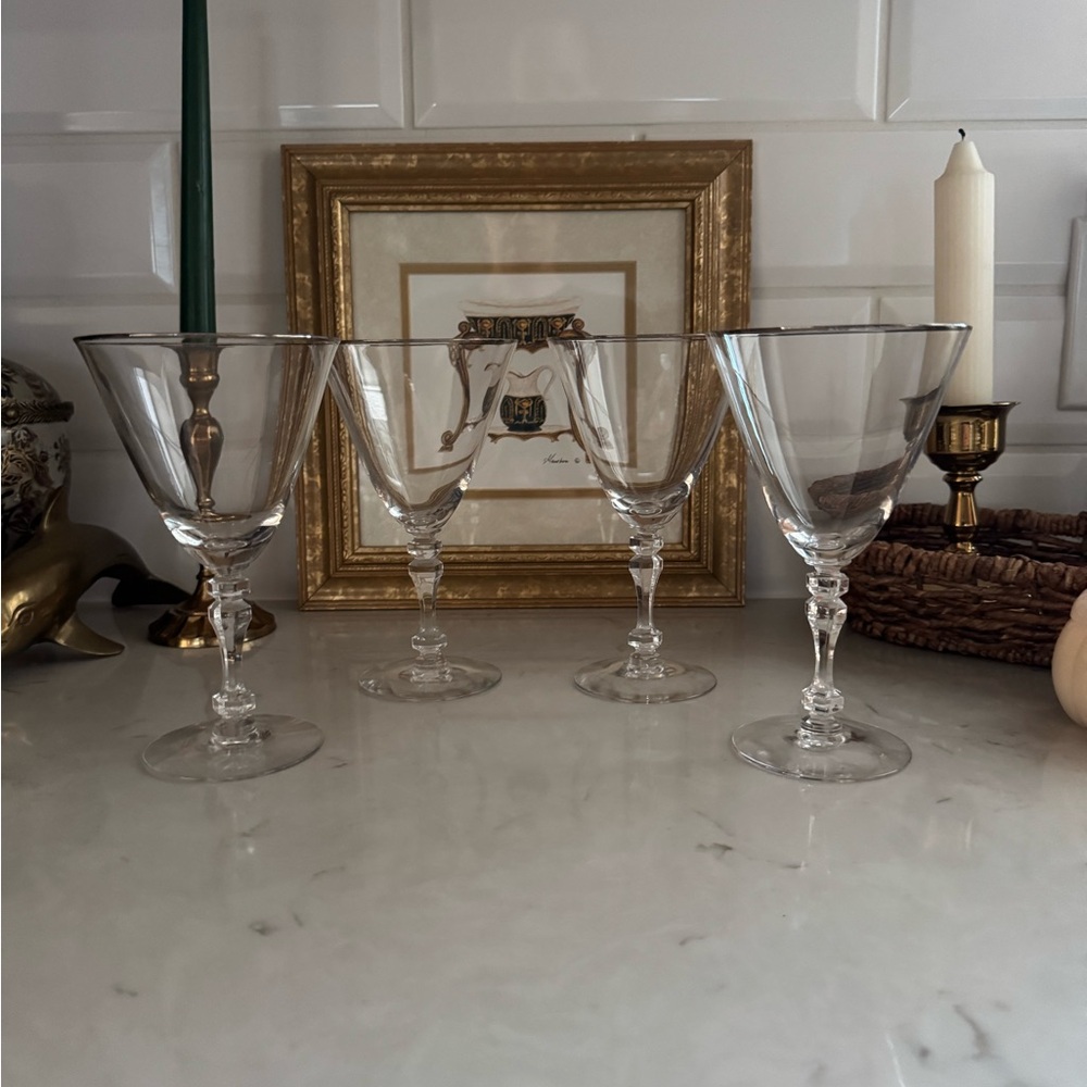 Vintage 1950s Tiffin Montclair Platinum Trim Clear Crystal Water Goblet Set of 4